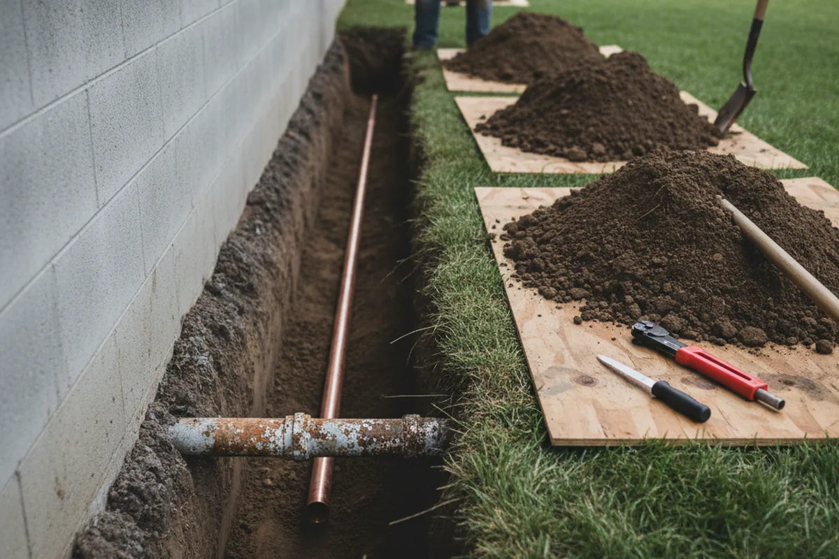 Excavated water line trench during Sewer Line Repair in Hanover